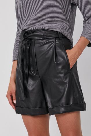 Marella Pantaloni scurți femei, culoarea negru, material neted, high waist