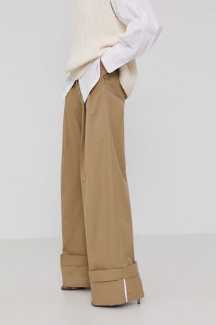 Nohavice Victoria Victoria Beckham dámske, béžová farba, široké, vysoký pás