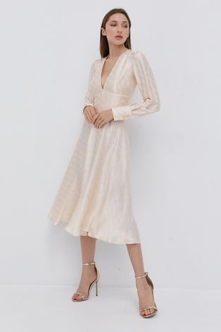 Šaty Elisabetta Franchi krémová farba, midi, áčkový strih