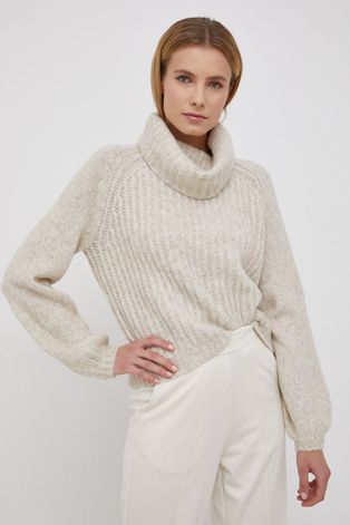 Only Sweter z domieszką wełny damski kolor beżowy ciepły z golfem