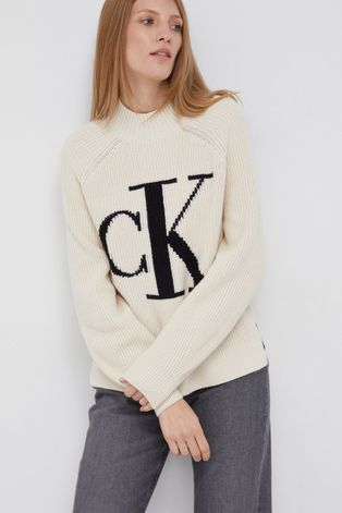 Calvin Klein Jeans Sweter z domieszką wełny damski kolor kremowy z półgolfem