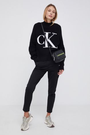Calvin Klein Jeans Sweter z domieszką wełny damski kolor czarny z półgolfem
