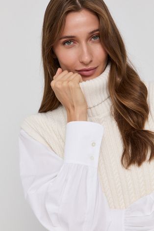 Пуловер Victoria Victoria Beckham дамски в кремаво от топла материя с поло