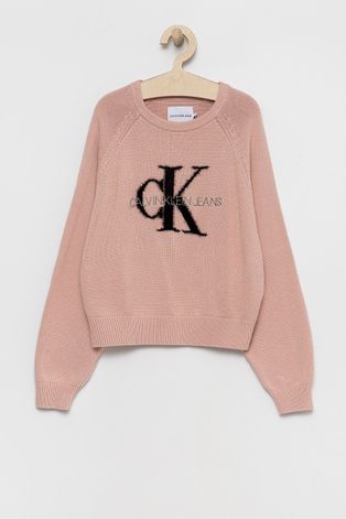 Calvin Klein Jeans Sweter bawełniany dziecięcy kolor różowy