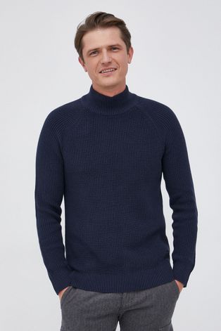 Selected Sweter bawełniany męski kolor granatowy z półgolfem
