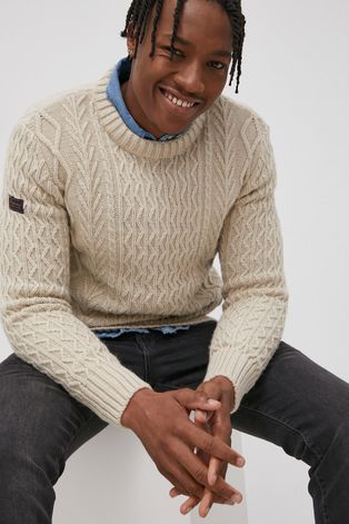Superdry Sweter z domieszką wełny męski kolor kremowy ciepły