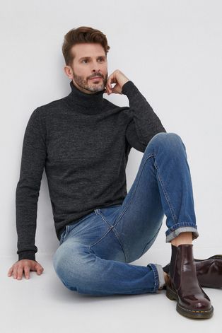 Sisley gyapjúkeverék pulóver könnyű, férfi, szürke, garbónyakú