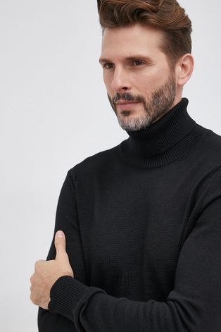 Sisley gyapjúkeverék pulóver könnyű, férfi, fekete, garbónyakú