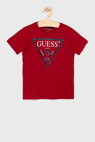Детска памучна тениска Guess в червено с принт