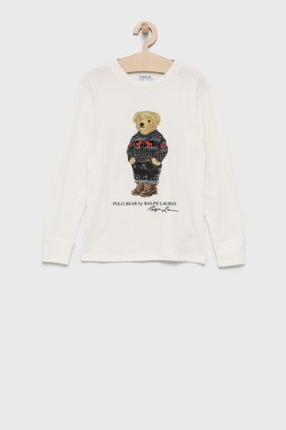Detská bavlnená košeľa s dlhým rukávom Polo Ralph Lauren krémová farba, s potlačou