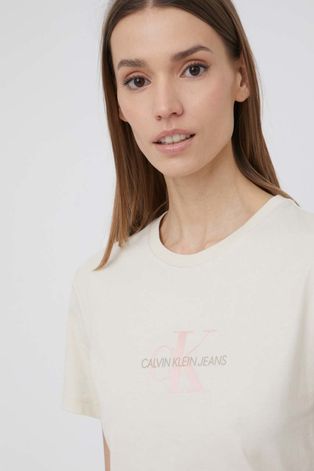 Bavlněné tričko Calvin Klein Jeans béžová barva