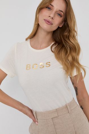 Bavlněné tričko Boss krémová barva