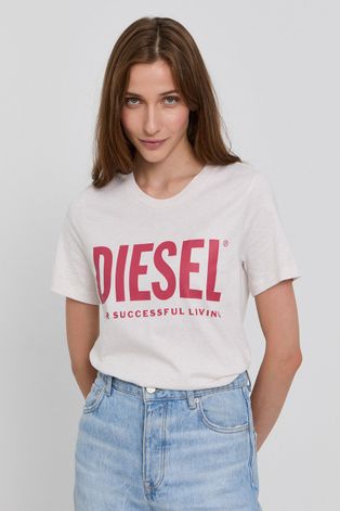 Diesel T-shirt bawełniany kolor kremowy