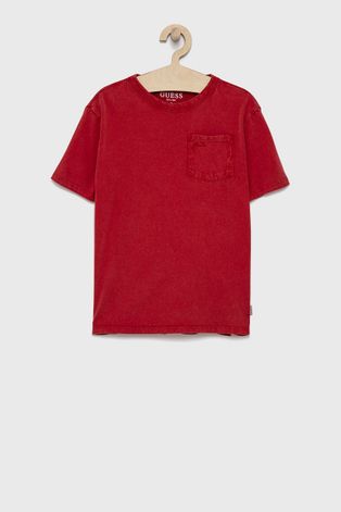 Guess T-shirt bawełniany dziecięcy kolor czerwony