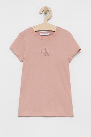 Детская хлопковая футболка Calvin Klein Jeans цвет розовый