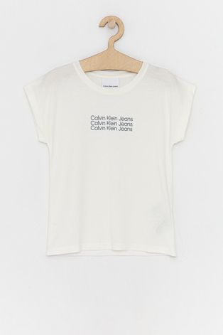 Calvin Klein Jeans T-shirt bawełniany dziecięcy kolor kremowy
