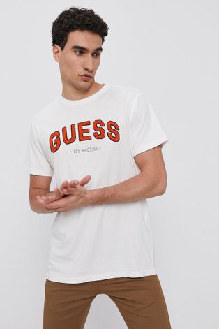 Bavlněné tričko Guess krémová barva, s aplikací