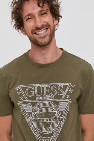 Tričko Guess pánské, zelená barva, s potiskem