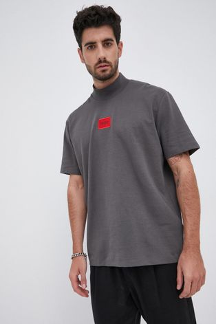 Hugo T-shirt męski kolor szary z aplikacją