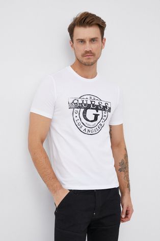 Тениска Guess мъжка в бяло с принт
