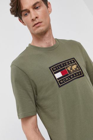 Tommy Hilfiger T-shirt bawełniany kolor beżowy z aplikacją