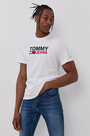 Bavlněné tričko Tommy Jeans bílá barva, s potiskem