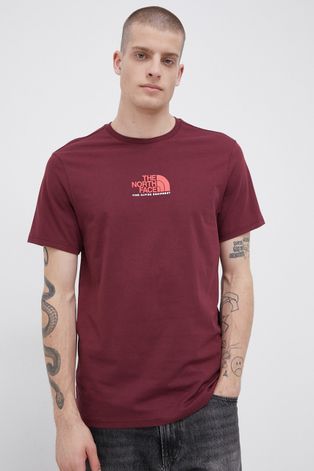 Памучна тениска The North Face в бордо с принт