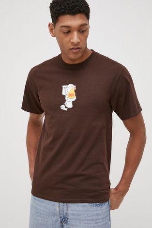 Bavlnené tričko HUF hnedá farba, s potlačou