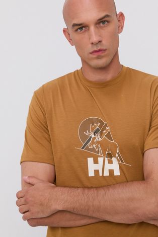 Tričko Helly Hansen pánske, hnedá farba, s potlačou