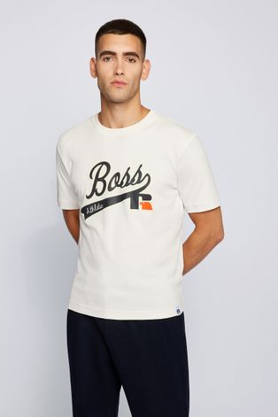 Boss T-shirt bawełniany kolor kremowy z nadrukiem