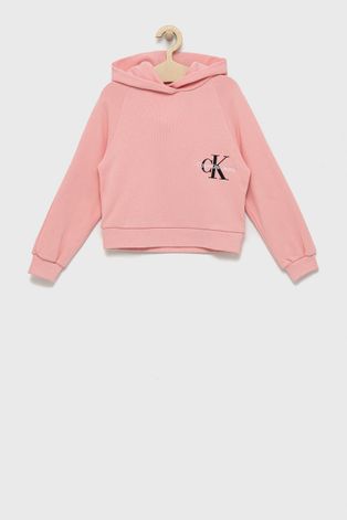 Calvin Klein Jeans bluza bawełniana dziecięca kolor różowy z kapturem z aplikacją
