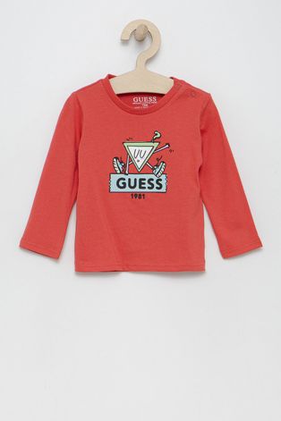Dětská bavlněná košile s dlouhým rukávem Guess červená barva, s potiskem