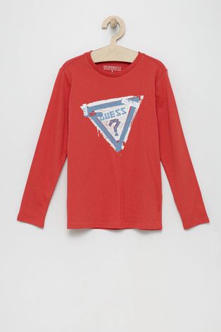 Dětská bavlněná košile s dlouhým rukávem Guess červená barva, s potiskem