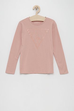 Dětská bavlněná košile s dlouhým rukávem Guess růžová barva, s potiskem