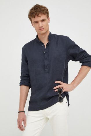 Льняная рубашка Marc O'Polo мужская цвет синий regular со стойкой