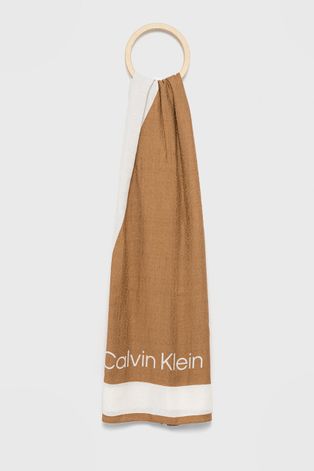 Šatka Calvin Klein dámska, béžová farba, vzorovaná