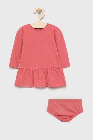 Детска памучна рокля Guess в розово къс модел разкроен модел