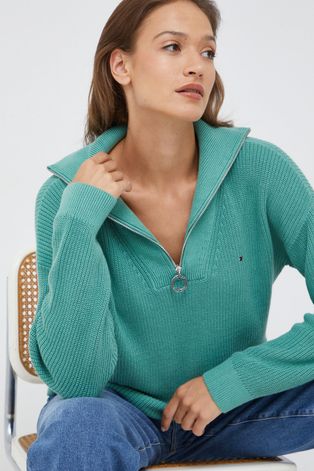 Tommy Hilfiger pamut pulóver könnyű, női, zöld, garbónyakú