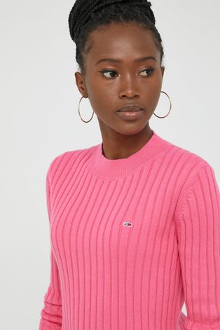 Bavlnený sveter Tommy Jeans dámsky, ružová farba, tenký,
