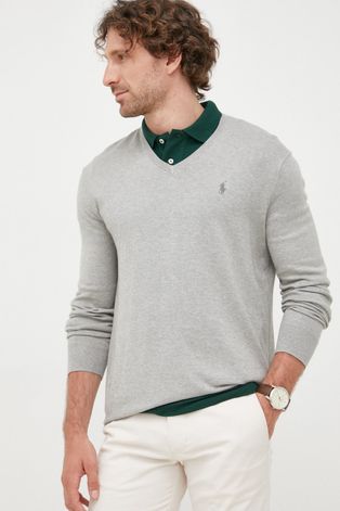 Памучен пуловер Polo Ralph Lauren мъжки в сиво от лека материя