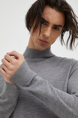 Вълнен пуловер Drykorn мъжки в сиво от лека материя с ниско поло