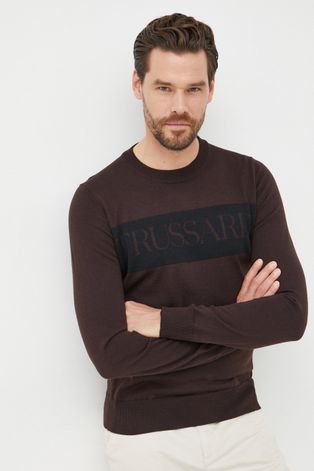 Вълнен пуловер Trussardi мъжки в кафяво от лека материя