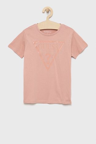 Dětské bavlněné tričko Guess růžová barva, s potiskem