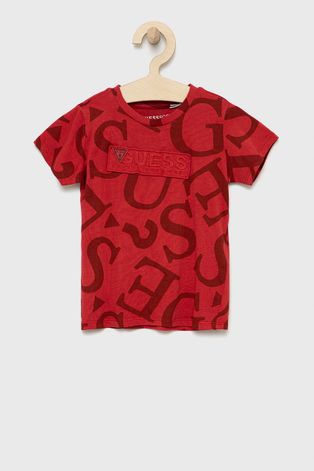 Детска памучна тениска Guess в червено с десен
