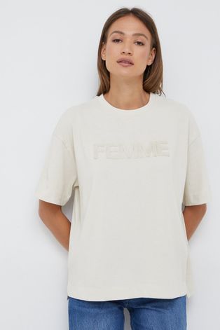 Памучна тениска Selected Femme в бежово