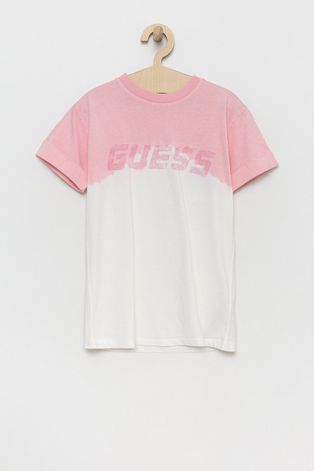 Παιδικό βαμβακερό μπλουζάκι Guess χρώμα: ροζ