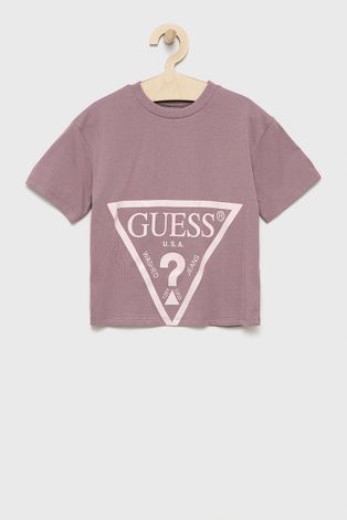 Детска памучна тениска Guess в лилаво
