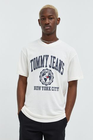 Bavlněné tričko Tommy Jeans béžová barva, s potiskem