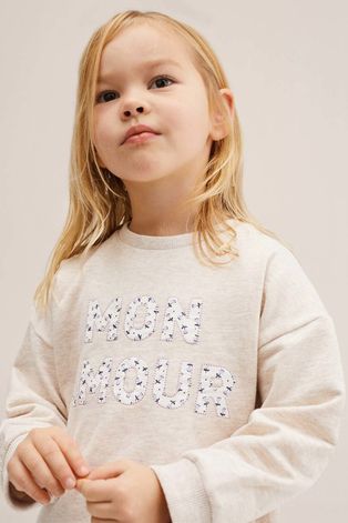 Detská bavlnená mikina Mango Kids béžová farba, s potlačou