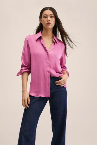 Риза Mango Ideale дамска в розово със свободна кройка с класическа яка